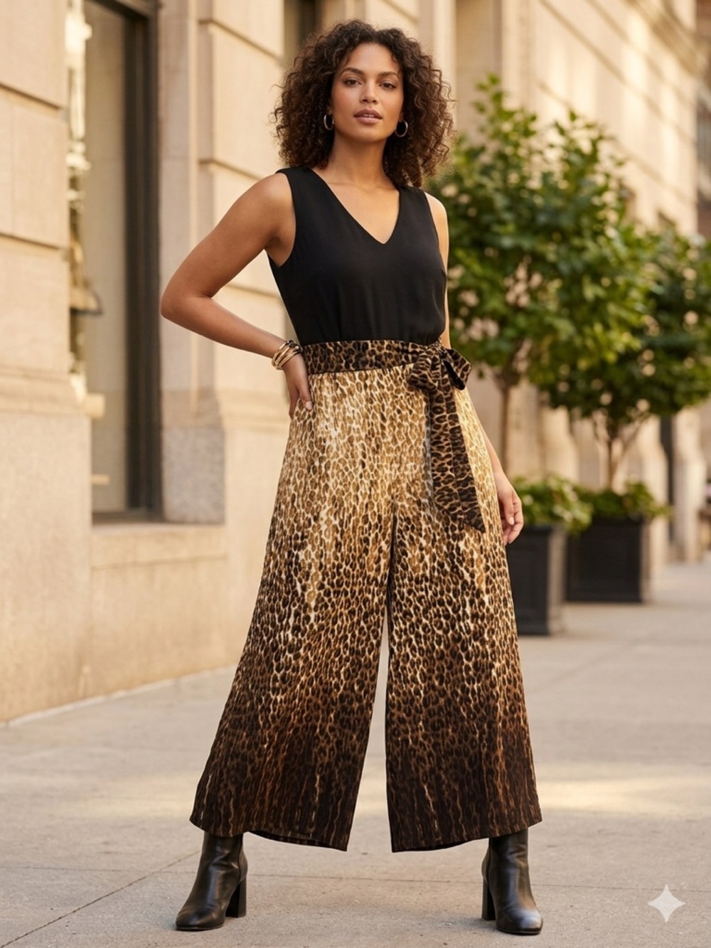 Signature by Robbie Bee Black Leopard Print Wide-Leg Jumpsuit Size 14